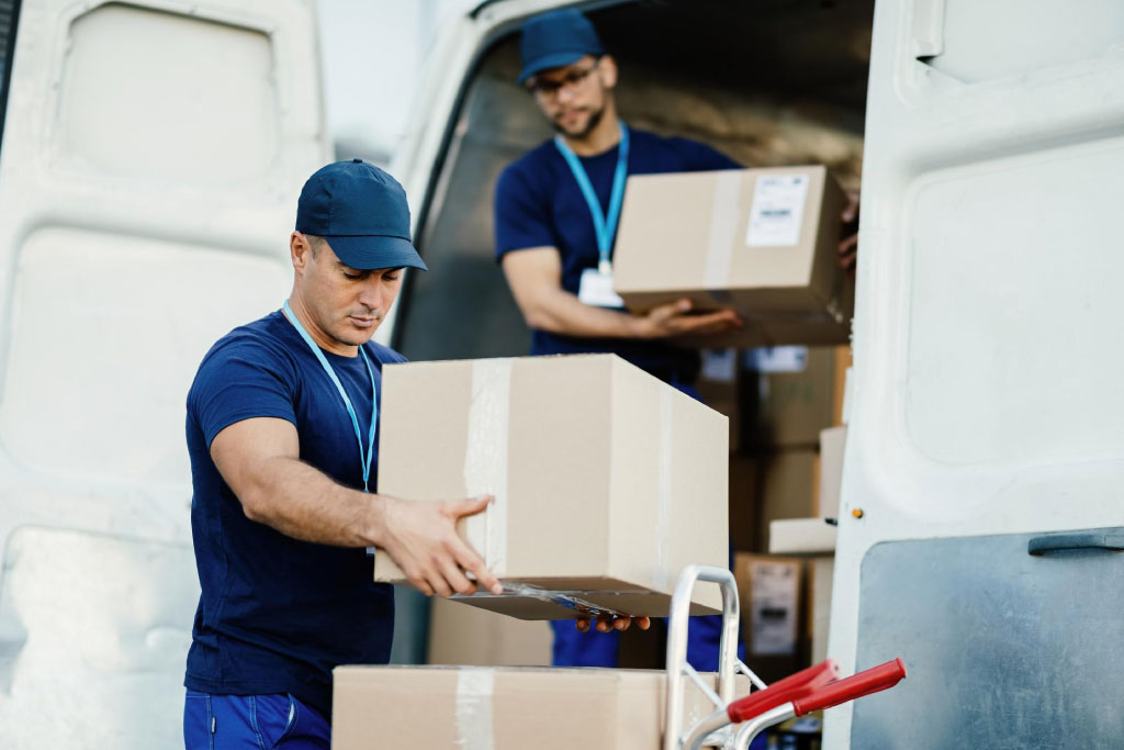 Two movers with blue shirts and caps unloading boxes from a moving truck
