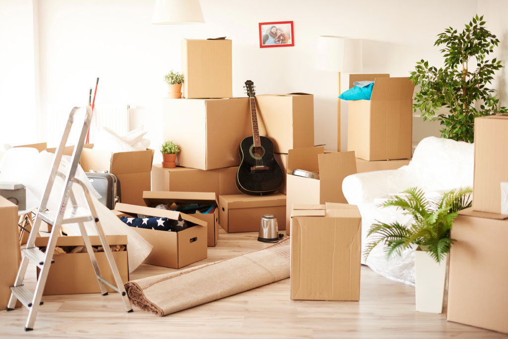 A whole room filled with boxes and items such as a black guitar, plants and a stair